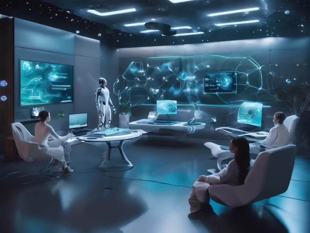 Futuristic digital interface showcasing artificial intelligence, quantum computing, and smart devices representing top tech trends 2025