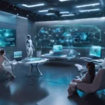 Futuristic digital interface showcasing artificial intelligence, quantum computing, and smart devices representing top tech trends 2025